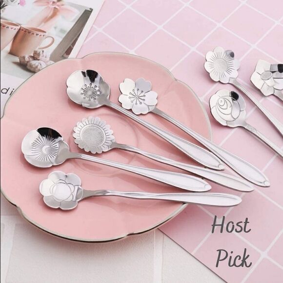 Silver Gold 8pcs Stainless Steel Flower  Spoon Set - Picture 1 of 16
